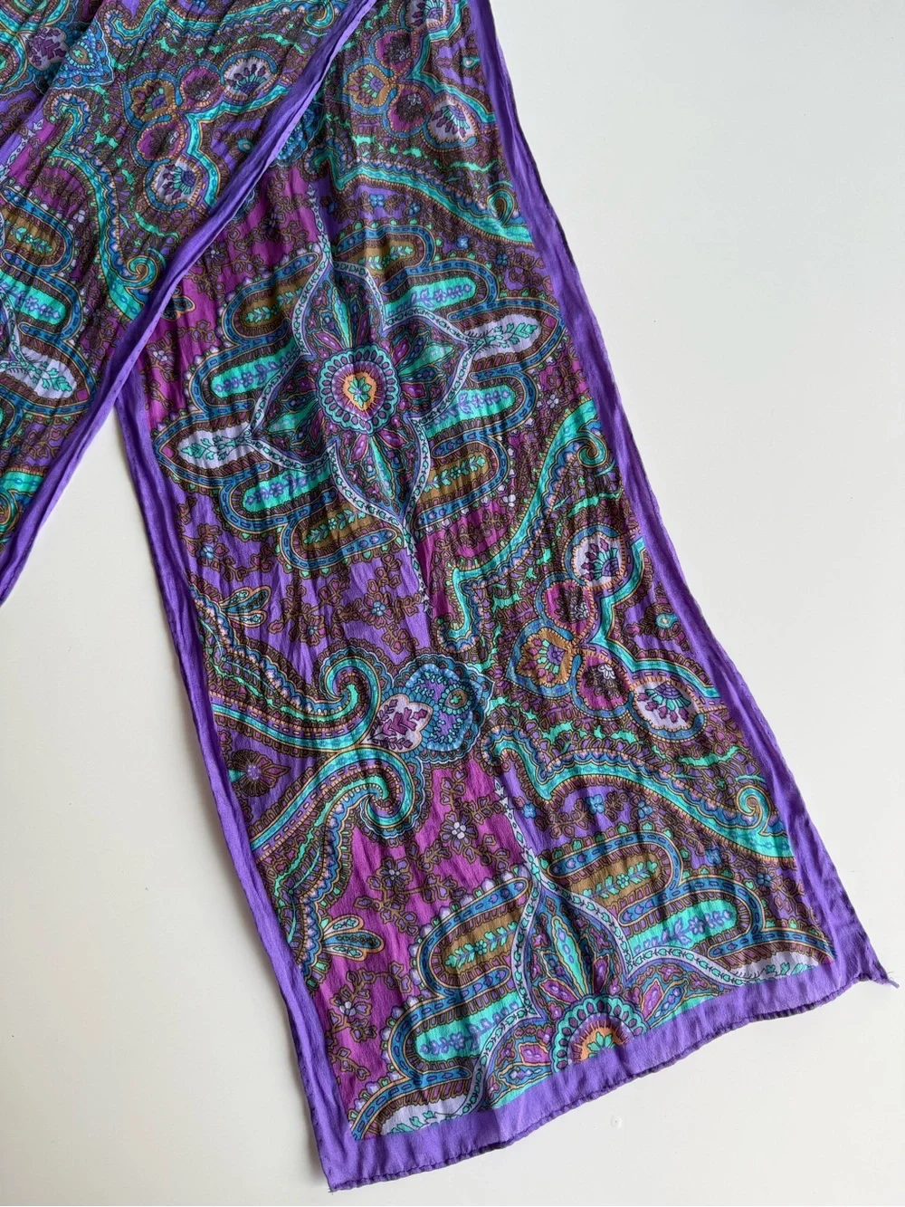 Vintage 70s Silk Scarf Purple Turquoise Paisley Boho Long Neck Scarf 48”